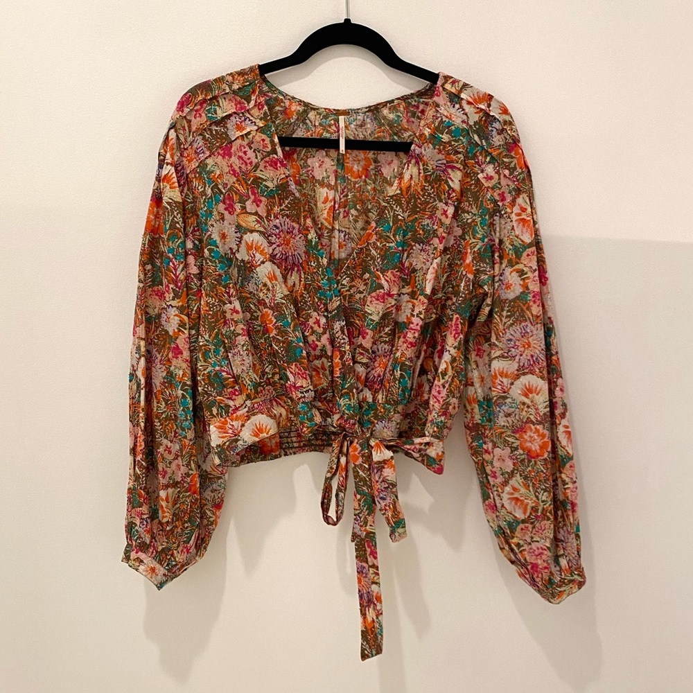 Free People Floral Long Balloon Sleeve Wrap Blouse Womens Medium